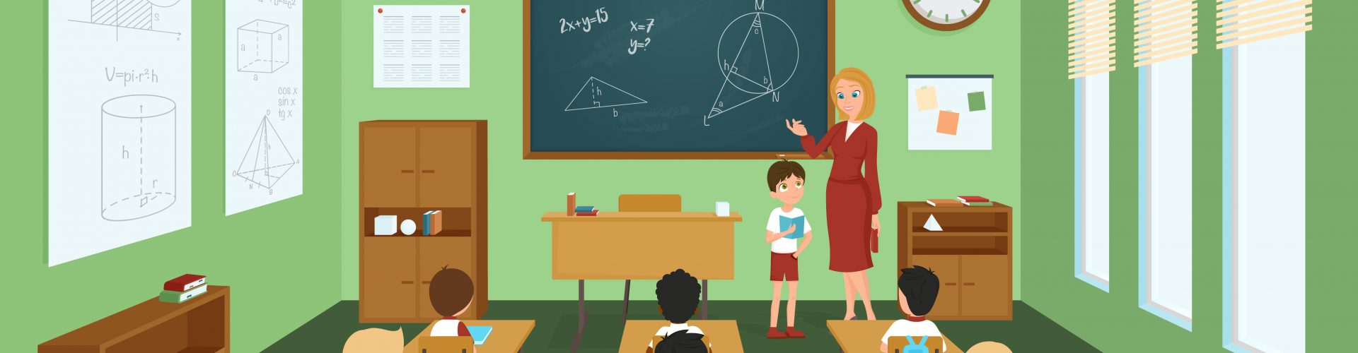 School classroom template with children at the desks and teacher at the blackboard vector illustration